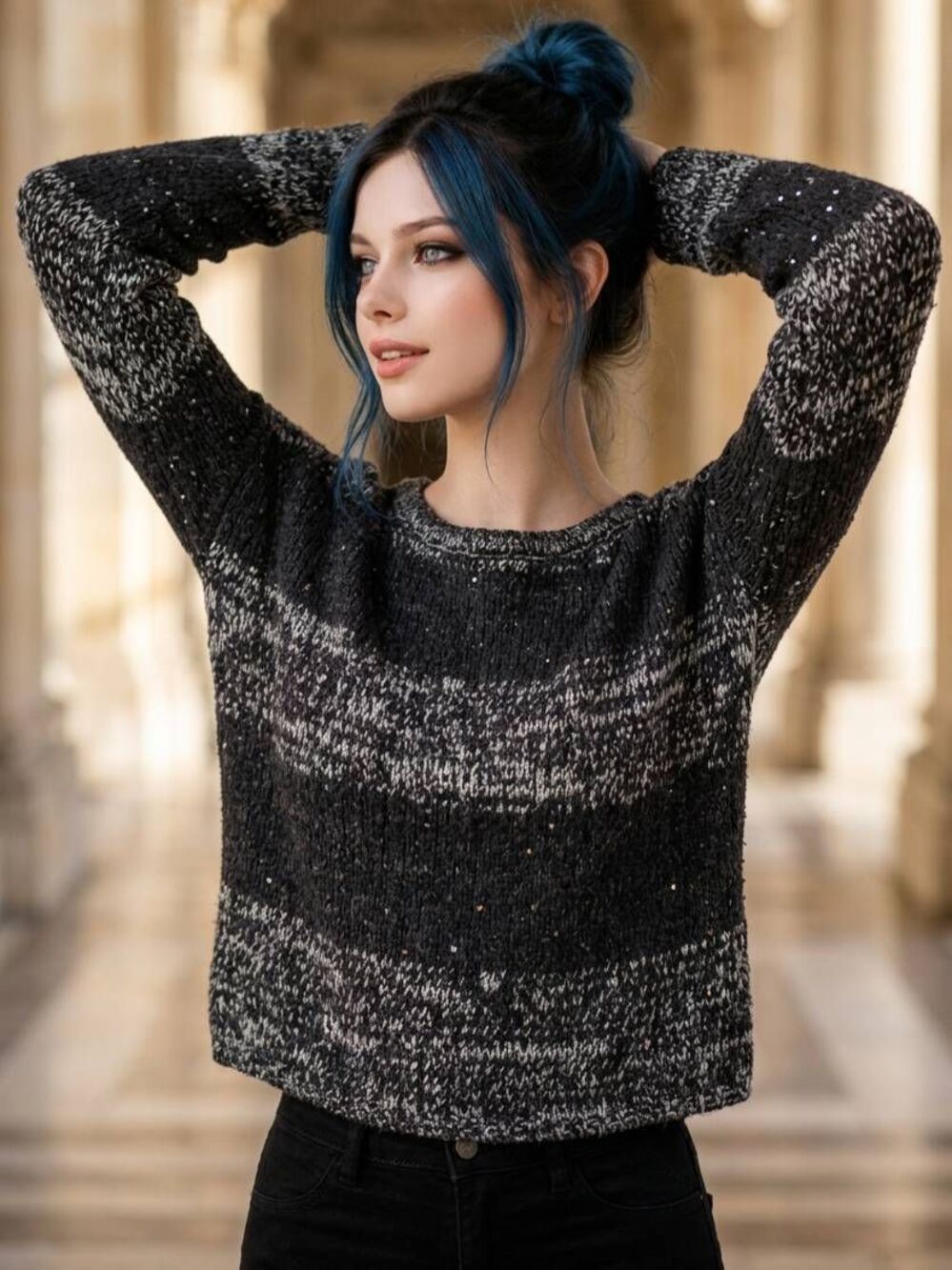 💜Loft Black & Gray Sparkly Colorblock Alpaca & Wool Cropped Sweater Medium
